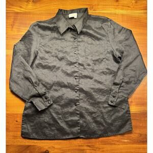CARRY BACK Women’s Black Minimalist 100% Linen Long Sleeve Button up Shirt Sz 12
